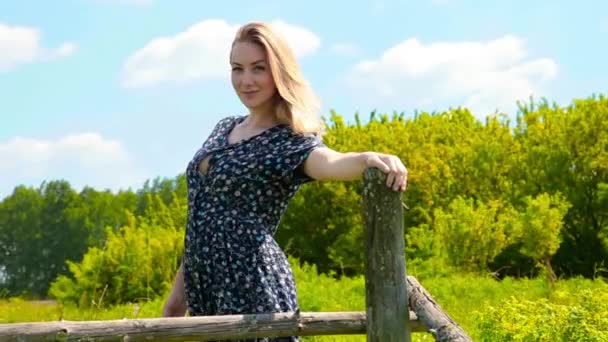 Attractive woman smile and flirts near wood fence. Open air, green grass in the park — Stock Video