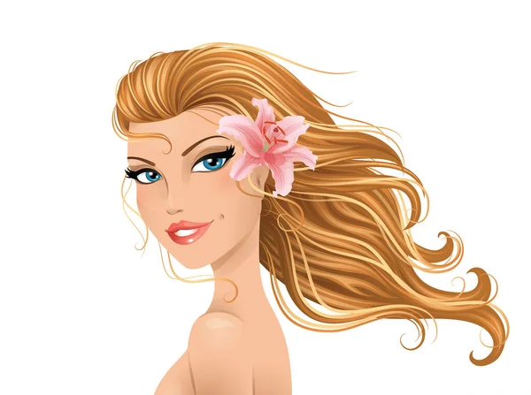Belle Fille Printemps Avec Lis Rose Dans Ses Cheveux — Image vectorielle