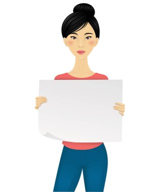 Boş bir kağıt parçası tutan sevimli Çinli kadın.. 