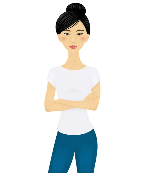 Chinese woman standing with crossed arms. Isolated on white. — Stock Vector