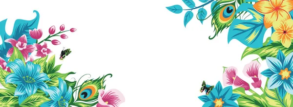 Banner con hojas tropicales y flores. Aislado sobre blanco . — Archivo Imágenes Vectoriales