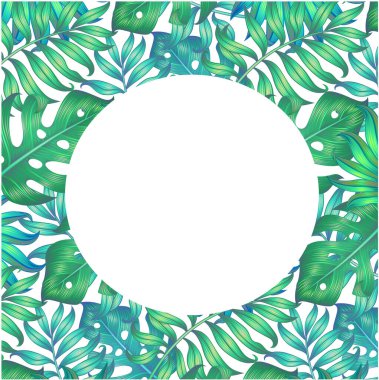 Arkaplanda tropik yapraklar var. Ortadaki beyaz daire. Beyazda izole edilmiş.