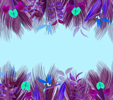 Renkli tropikal yapraklar ve çiçeklerle çerçevelenmiş.