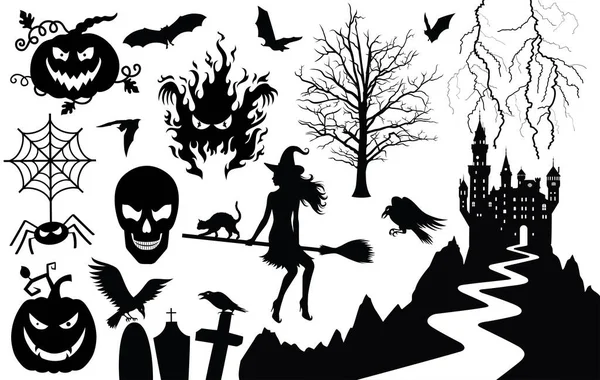 Halloween-Kollektion. Set von Silhouetten von Halloween. Isoliert auf Weiß. — Stockvektor