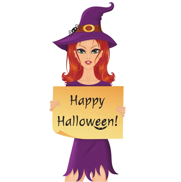 Cute red-haired witch with a pumpkin holding a piece of paper with happy halloween text. — Stock Vector