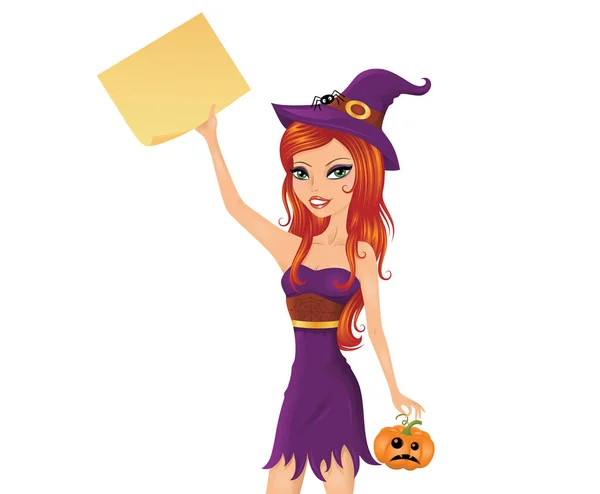 Cute red-haired witch with a pumpkin holding a piece of paper. — Stock Vector