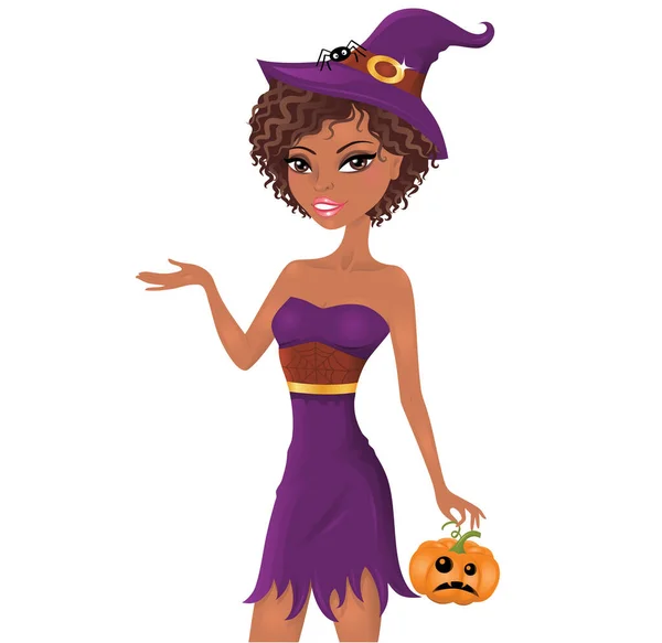 Cute afro-american witch with a pumpkin holding a piece of paper. — Stock Vector