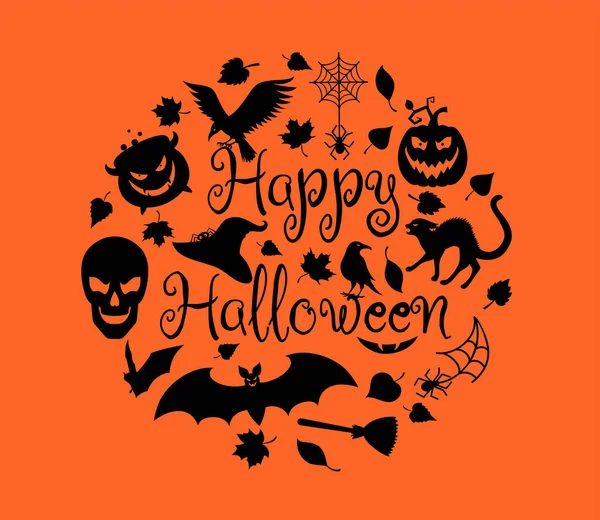 Halloween details with the text in a shape of a circle on the orange background. — Stock Vector