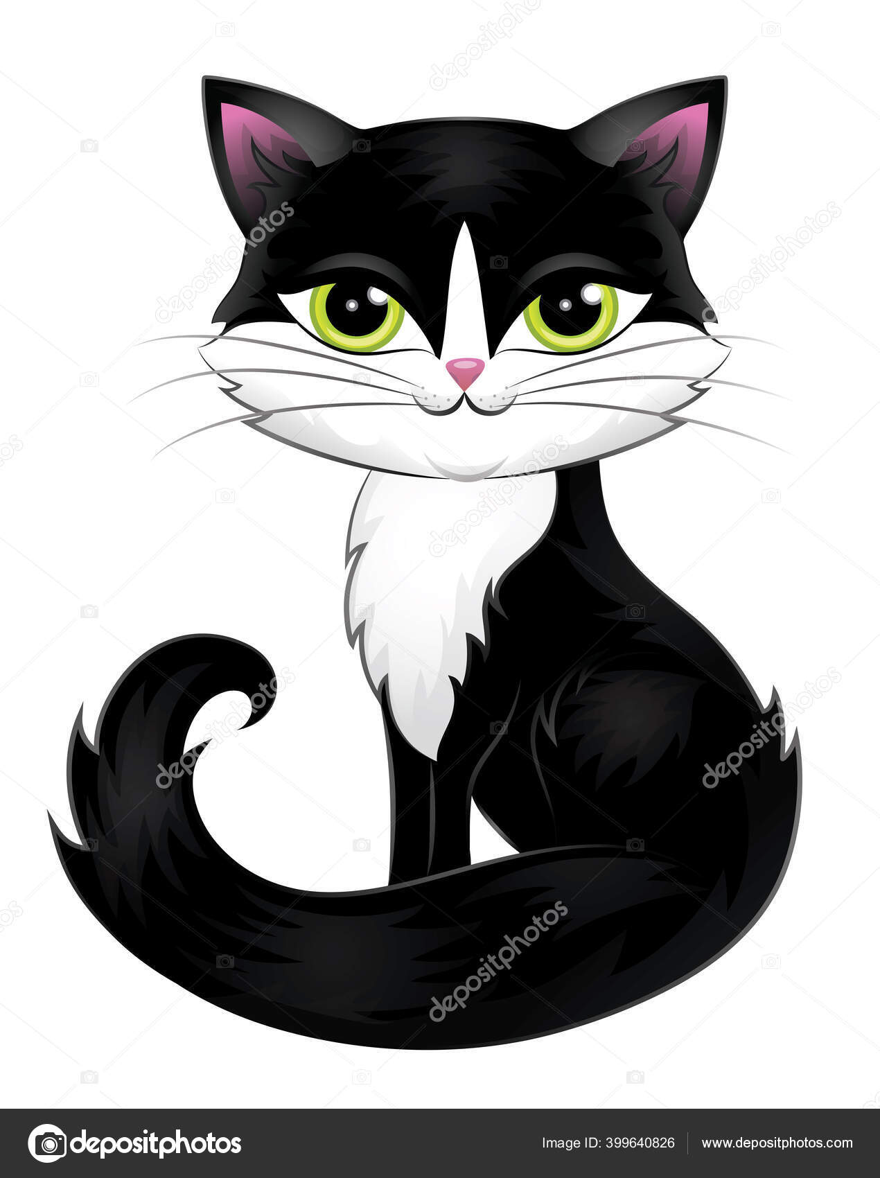 Um desenho de um gato preto e branco com um rosto branco e manchas pretas e  brancas.