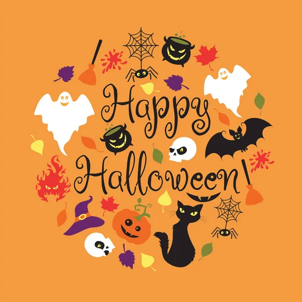 Halloween details with the text in a shape of a circle on the orange background. — Stock Vector