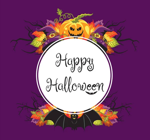 Círculo blanco con texto Feliz Halloween y sonrisa enojada. — Archivo Imágenes Vectoriales