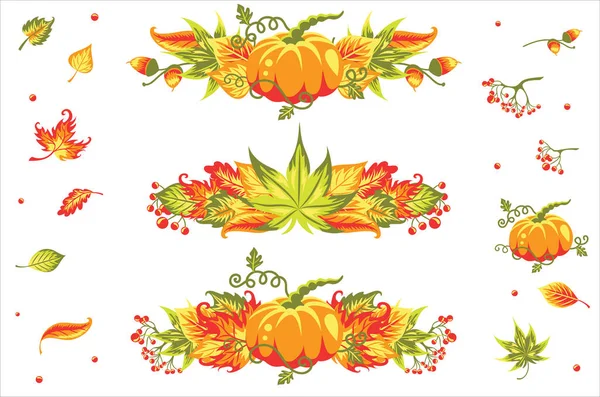 Banner con hojas de otoño y calabaza. Aislado sobre blanco. — Vector de stock