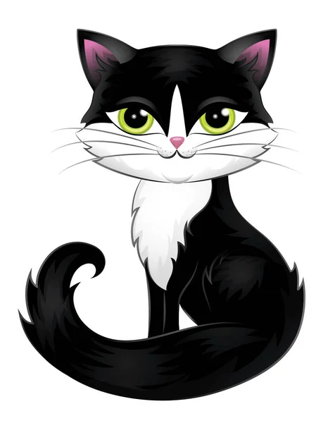 Cute black cat with green eyes isolated on white. — Stock Vector