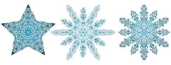 Muster in Form einer Schneeflocke und eines Sterns auf blauem Hintergrund. — Stockvektor