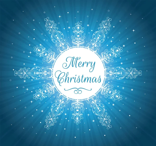 Bílý kruh s veselým vánočním textem. Vzor ve tvaru sněhové vločky na modrém pozadí. — Stockový vektor