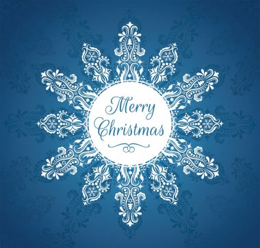 Mutlu Noeller mesajı olan beyaz daire. Mavi arkaplanda kar tanesi şeklinde desen.