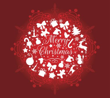 Mutlu Noeller mesajı ve noel siluetleriyle beyaz daire. 