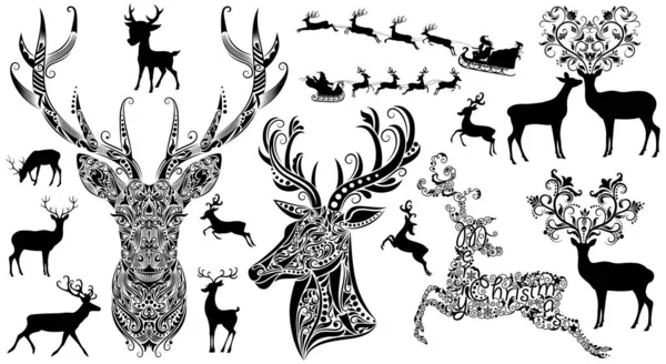 Conjunto de diferentes siluetas de ciervos. Patrones en forma de ciervos. — Vector de stock