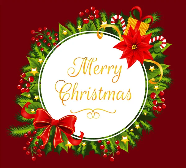 Círculo blanco con texto de Feliz Navidad decorado con detalles de Navidad. — Vector de stock