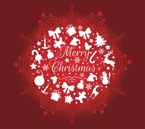 Fehér kör boldog karácsonyi szöveg és karácsonyi sziluettek. — Stock Vector