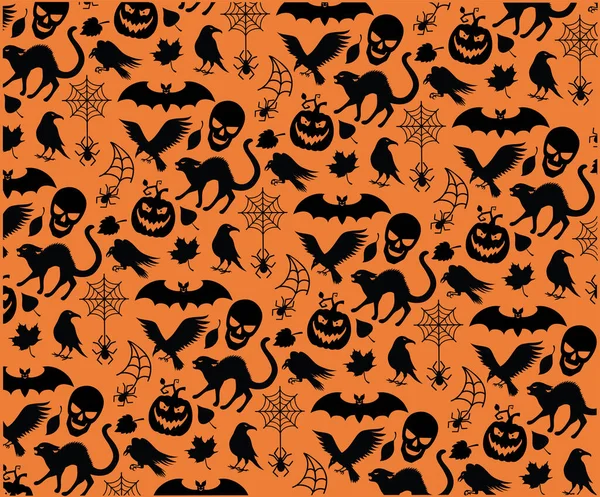 Nahtloses Muster für Halloween mit gruseligen Silhouetten auf orangefarbenem Hintergrund. — Stockvektor