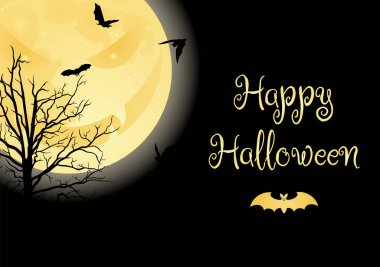 Dolunay, uçan yarasalar ve siyah arkaplanda dalların silueti..