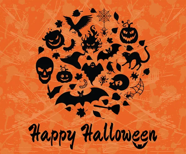 Dettagli Halloween Con Testo Forma Cerchio Sullo Sfondo Arancione Grunge — Vettoriale Stock