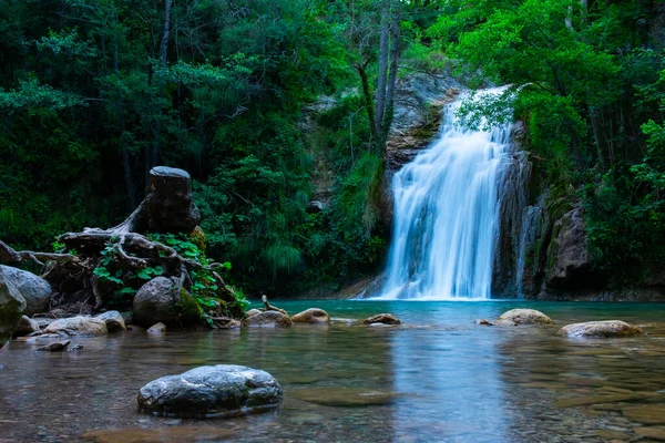 Mavi Suyu Ağacı Olan Bir Ormanda Büyük Güzel Bir Şelale — Stok fotoğraf