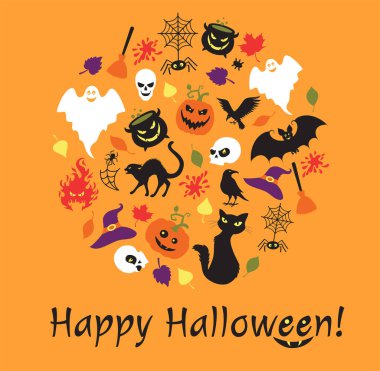  Cadılar Bayramı ayrıntıları, turuncu arkaplanda daire şeklinde bir metin..