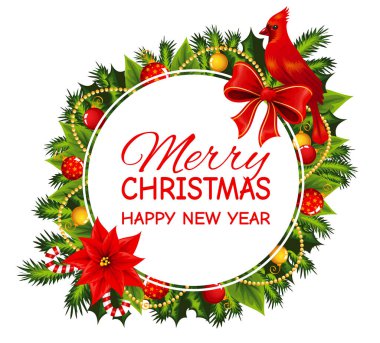 Noel 'in ayrıntılarıyla süslenmiş Mutlu Noeller yazılı beyaz daire.