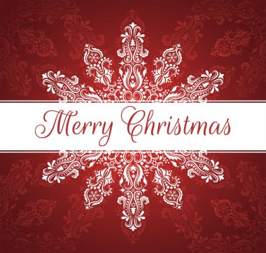 Mutlu Noeller mesajı olan beyaz afiş. Kırmızı arkaplanda kar tanesi şeklinde desen.