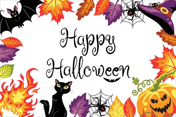 Hintergrund mit Happy-Halloween-Text und Kürbis mit wütendem Lächeln. — Stockvektor