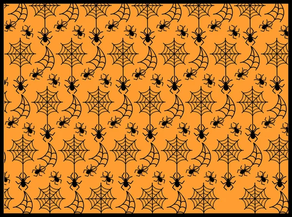 オレンジ色の背景にクモとハロウィンのためのシームレスなパターン. — ストックベクタ