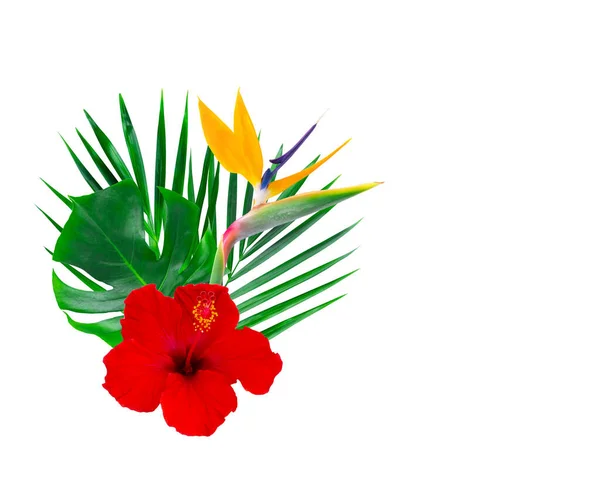 Bouquet with colorful tropical leaves and flowers. — Stock Photo, Image