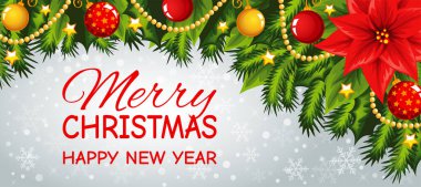 Mutlu Noeller yazılı pankart. Kırmızı bir çiçekle süslenmiş Noel detayları..