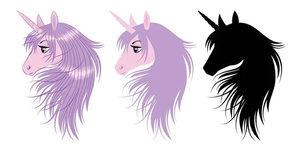 Set di carino unicorno rosa con capelli viola. Silhouette di testa di un unicorno. — Vettoriale Stock