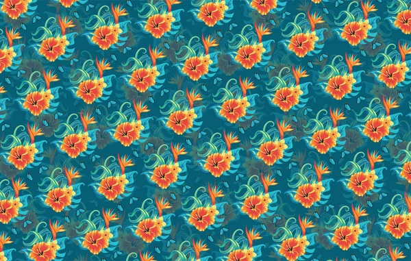 Patrón tropical con flores y mariposas. Sobre fondo azul. — Vector de stock