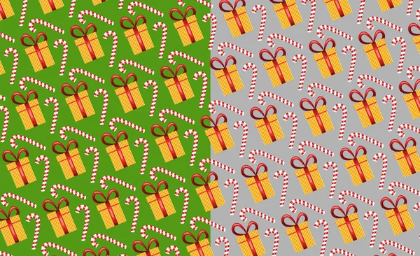 Modèle sans couture avec des cadeaux de Noël et des bonbons sur le fond vert et gris. — Image vectorielle