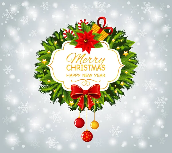 Banner dorado con texto de Feliz Navidad decorado con detalles navideños con flores rojas. — Vector de stock