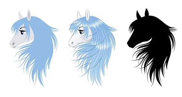 Set of cute horse with a blue hair. Silhouette of head of a unicorn. — Stock Vector