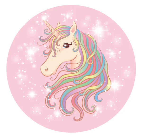 Lindo unicornio con pelo colorido en el círculo rosa con destellos. — Vector de stock