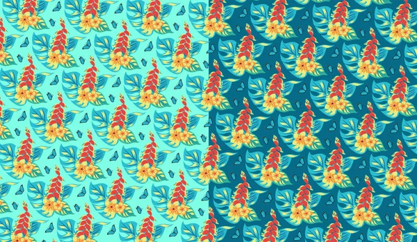 Modèle tropical avec des fleurs et des papillons. Sur fond bleu. — Image vectorielle