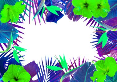 Renkli tropikal yapraklar ve çiçeklerle çerçevelenmiş.