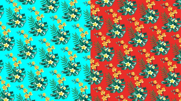 Modello tropicale con fiori tropicali. Su sfondo turchese e rosso. — Vettoriale Stock