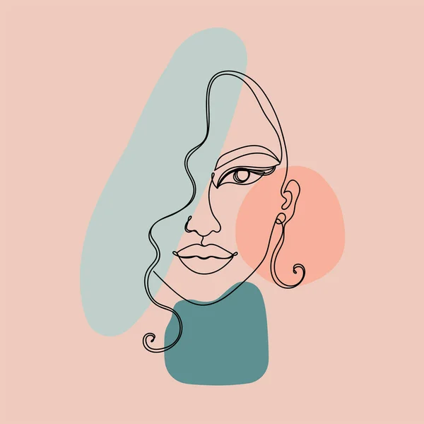 Image abstraite avec ligne noire continue d'un visage de femme sur le fond coloré. — Image vectorielle