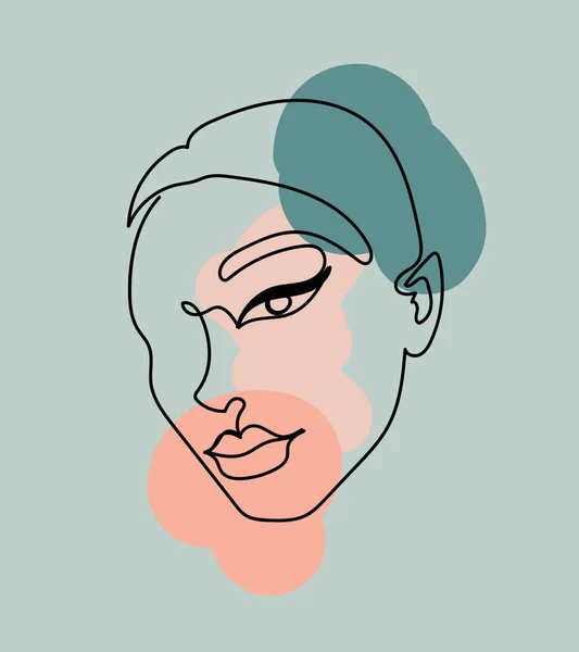 Abstraktní obraz s nepřetržitou černou čárou ženské tváře na barevném pozadí. — Stockový vektor