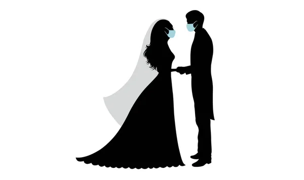 Silhouetten van bruidegom en bruid die hand in hand staan. Ze dragen maskers.. — Stockvector