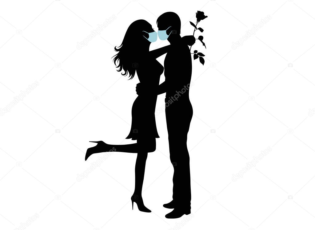 Romantic silhouette of a couple hugging and wearing masks. Woman holding a rose. 