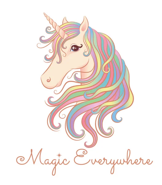 Cute unicorn with colorful hair with magic everywhere text. Isolated on white. — Stock Vector