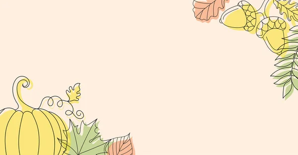 Fond d'automne en style linéaire avec une citrouille, un gland et quelques feuilles. — Image vectorielle